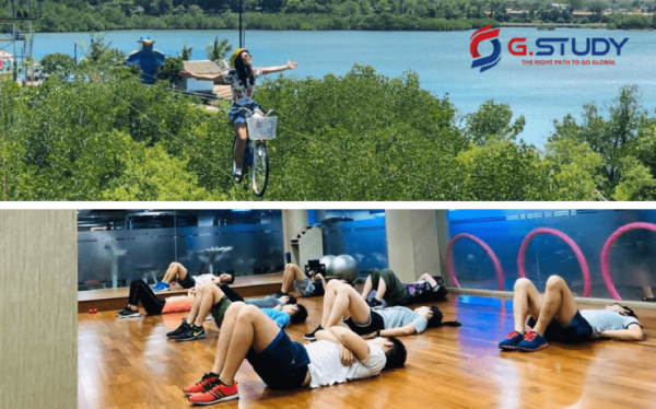 Học viên tập thể dục, chạy xe đạp